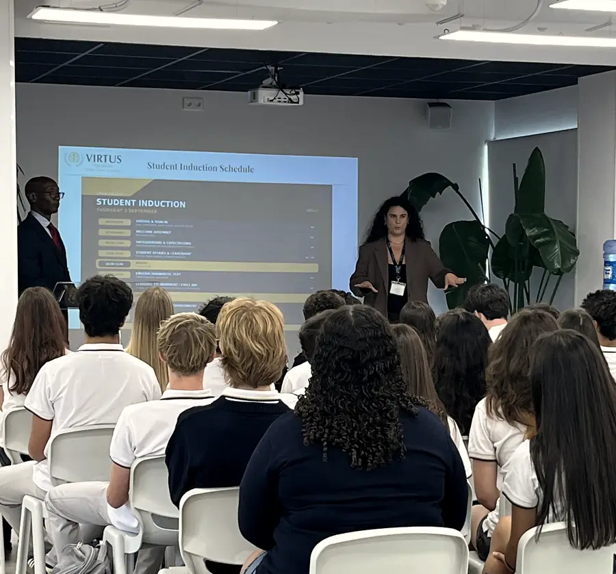 Presentation to students in the Virtus College hall